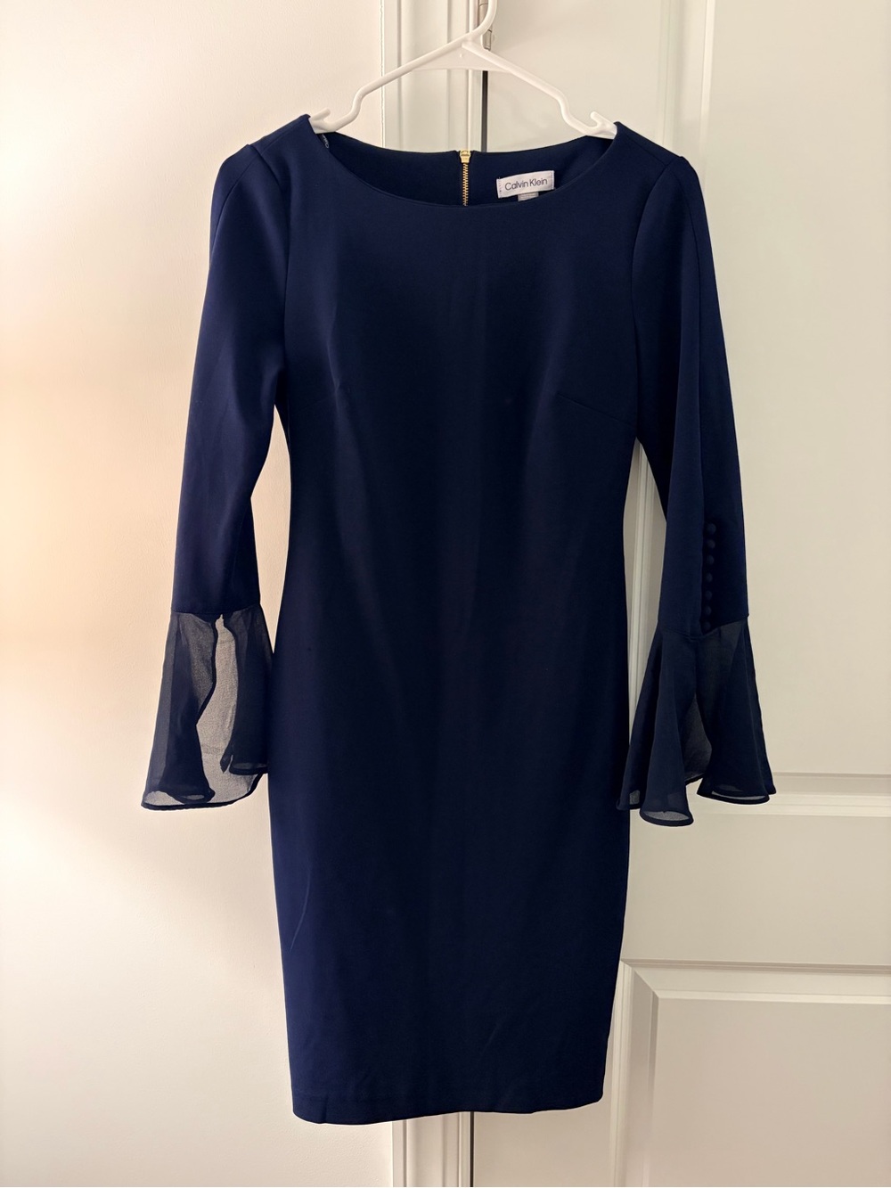 Calvin Klein Navy Long Sleeve Sheath Dress with Chiffon Bell Sleeves